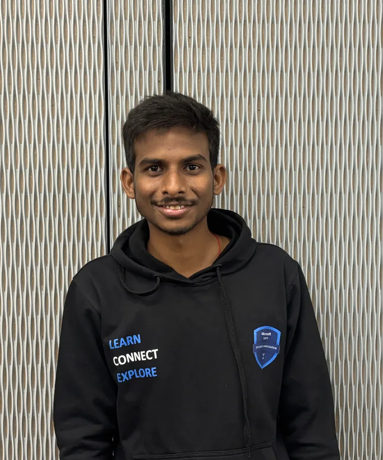 Harish Reddy Duggempudi wearing a Microsoft Learn Student Ambassador hoodie